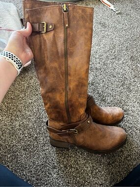 BONGO Brown Tall Faux Leather Riding Boots with Buckle Accent